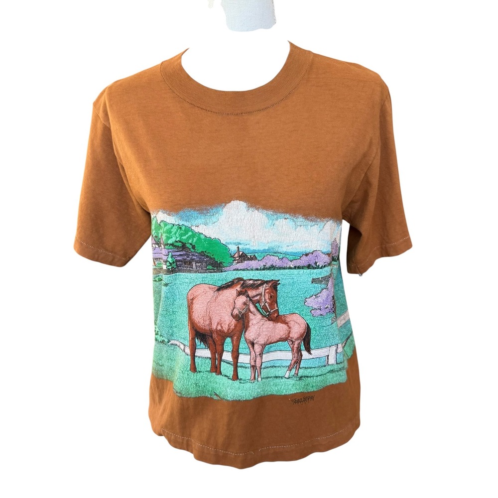 Vintage 1989 Oneita Power-T Horse Graphic T-Shirt Brown San Segal Made in USA M